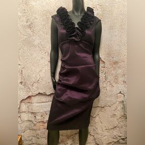 Elegant Ruffle V-Neck Midi Dress in Deep Plum